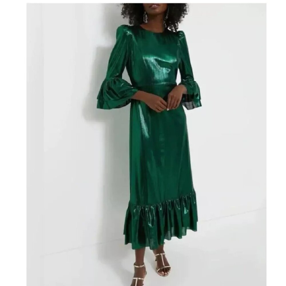 Tuckernuck Emerald Green Crinkle Lurex Lillith Dress Large Retail $188